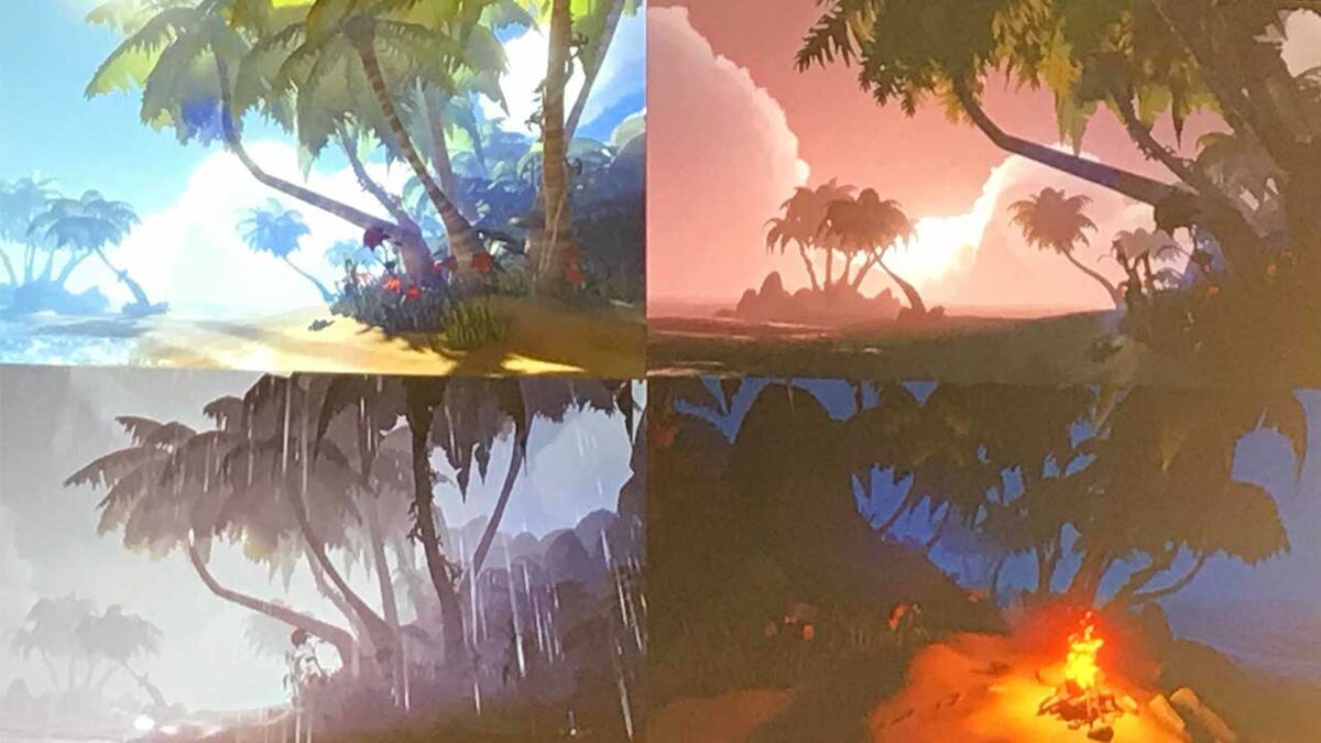Sea of Thieves test island with fire, rain, sunset, and high noon.