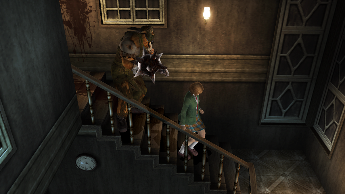 Alyssa Hamilton running away from Sledgehammer man in Clock Tower 3.