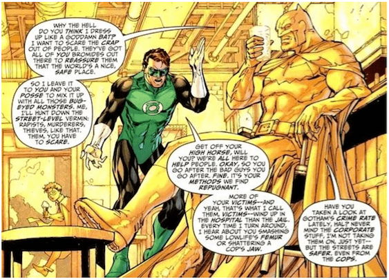 In this one-panel scene from a Batman comic, Batman sits nonchalantly at the bar while the Green Lantern yells angrily at him for being a psychopath.