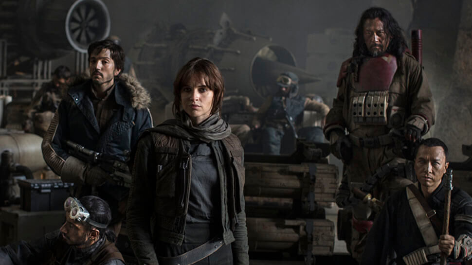 Star Wars: Rogue One L to R: Actors Riz Ahmed, Diego Luna, Felicity Jones, Jiang Wen and Donnie Yen Photo Credit: Jonathan Olley &Acirc;&copy;Lucasfilm 2016