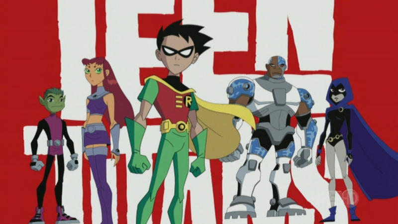 The Teen Titans (Robin, Starfire, Beast Boy, Cyborg and Raven) stand tall