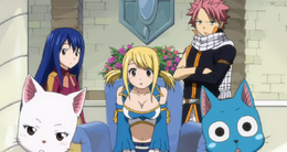 Wendy Natsu Lucy Charle y Happy escuchan a Yukino
