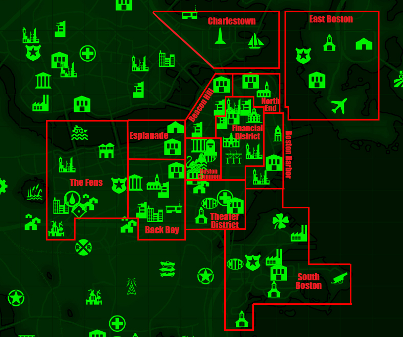 4 карта со. Fallout 4 Boston Map. Фоллаут 4 карта Бостона. Фоллаут 4 карта убежищ. Бостонский аэропорт Fallout 4 на карте.