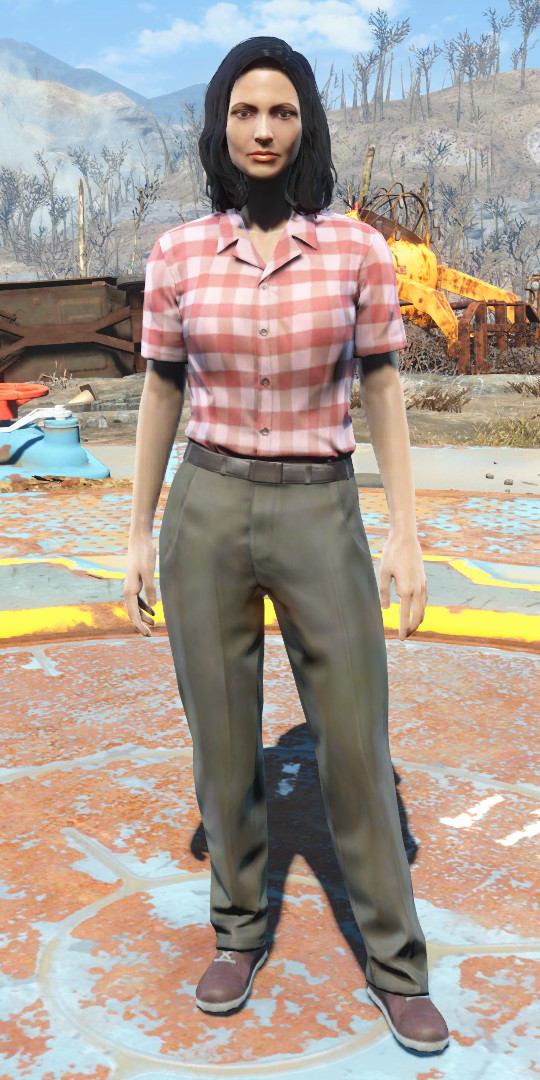 grey pants checkered shirt