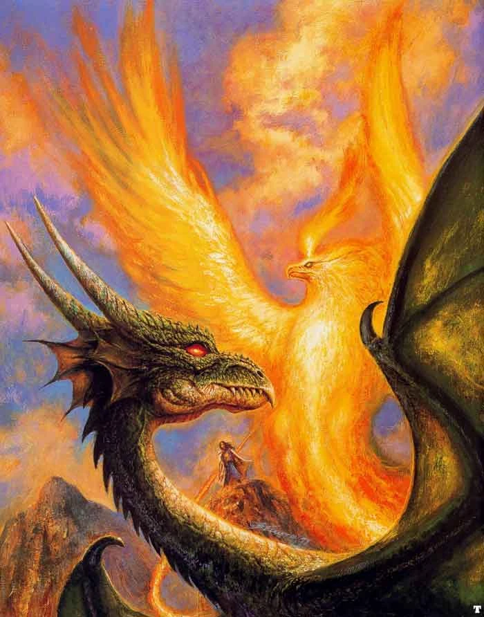 bob eggleton - unknown - a black dragon and a phoenix