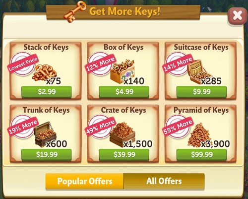 do you earn free keys in farmville 2 country escape after purchasing keys?