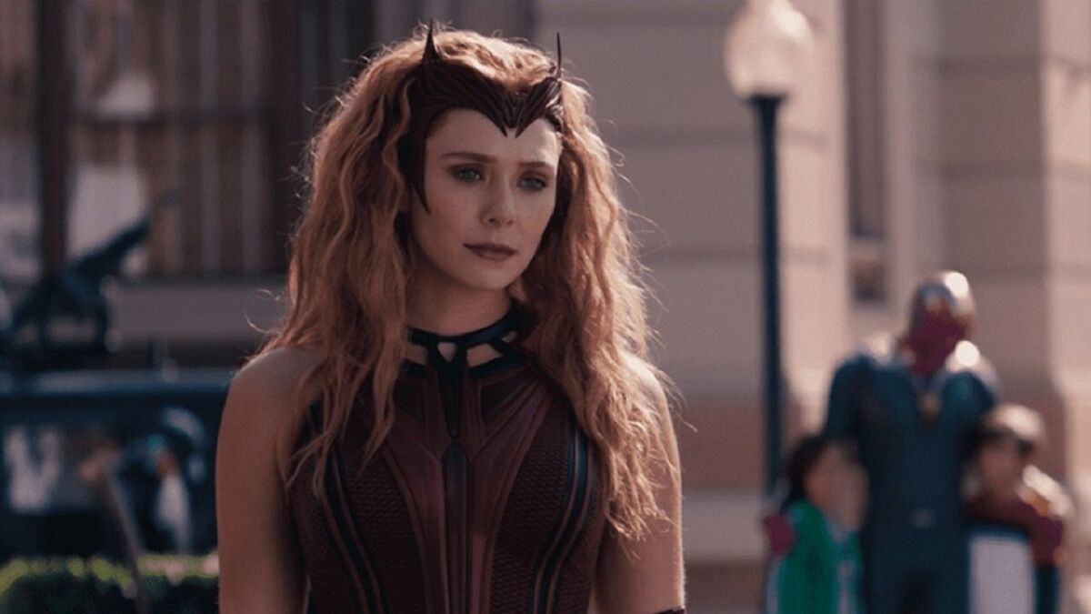 Wanda in full Scarlet Witch costume.