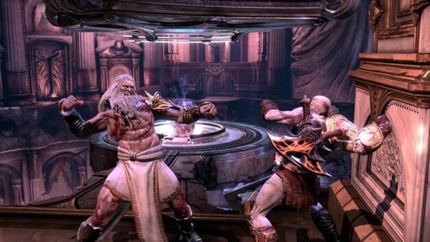 Zeus and Kratos about to punch each other.