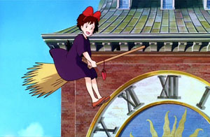 Kiki's Delivery Service Screenshot 01 Kiki and Jiji flying by clocktower