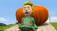 James scared as he hangs on the giant runaway pumkin