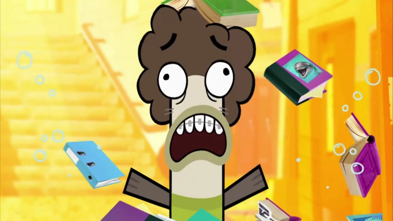 Image Oscar emerging from books still image.jpg Fish Hooks Wiki