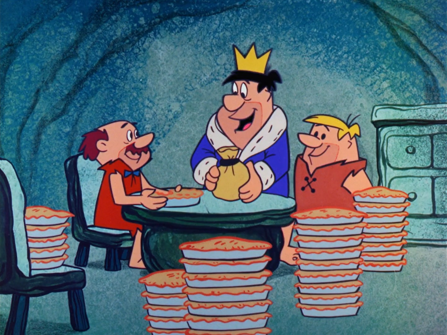 an image from an episode of the Flintstones, where Fred decided to become a pie entrepreneur. In the image are Fred, Barney, a wholesaler and stacks of pies