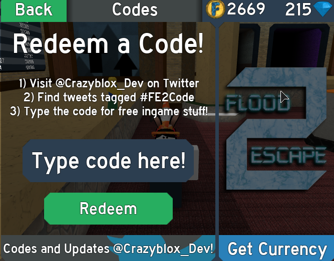 Codes Flood Escape 2 Wiki Fandom Powered By Wikia - first go to the shop then click the bottom which says codes and updates crazyblox dev then type a code where it says to type a code and finally you