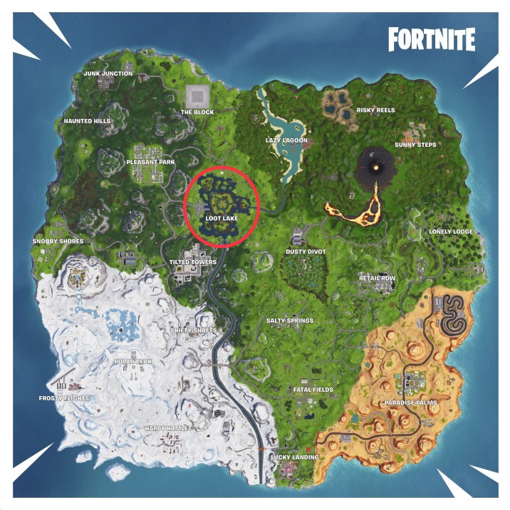 loot lake alias leaky lake est un lieu proche du milieu de la carte battle royale dans fortnite - coffre fortnite carte