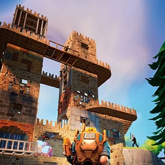 a constructor looking at a player created fort - fortnite save the world base