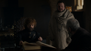 Sam présentant le livre d'Ebrose à Tyrion