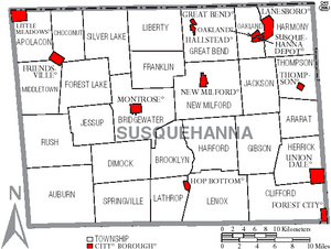 Map of Susquehanna County Pennsylvania With Municipal and Township Labels