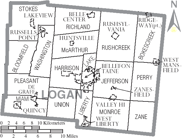 Image Map of Logan County Ohio With Municipal and Township Labels PNG