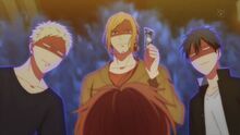 Ritsuka, Akihiko, and Haruki towering over Mafuyu