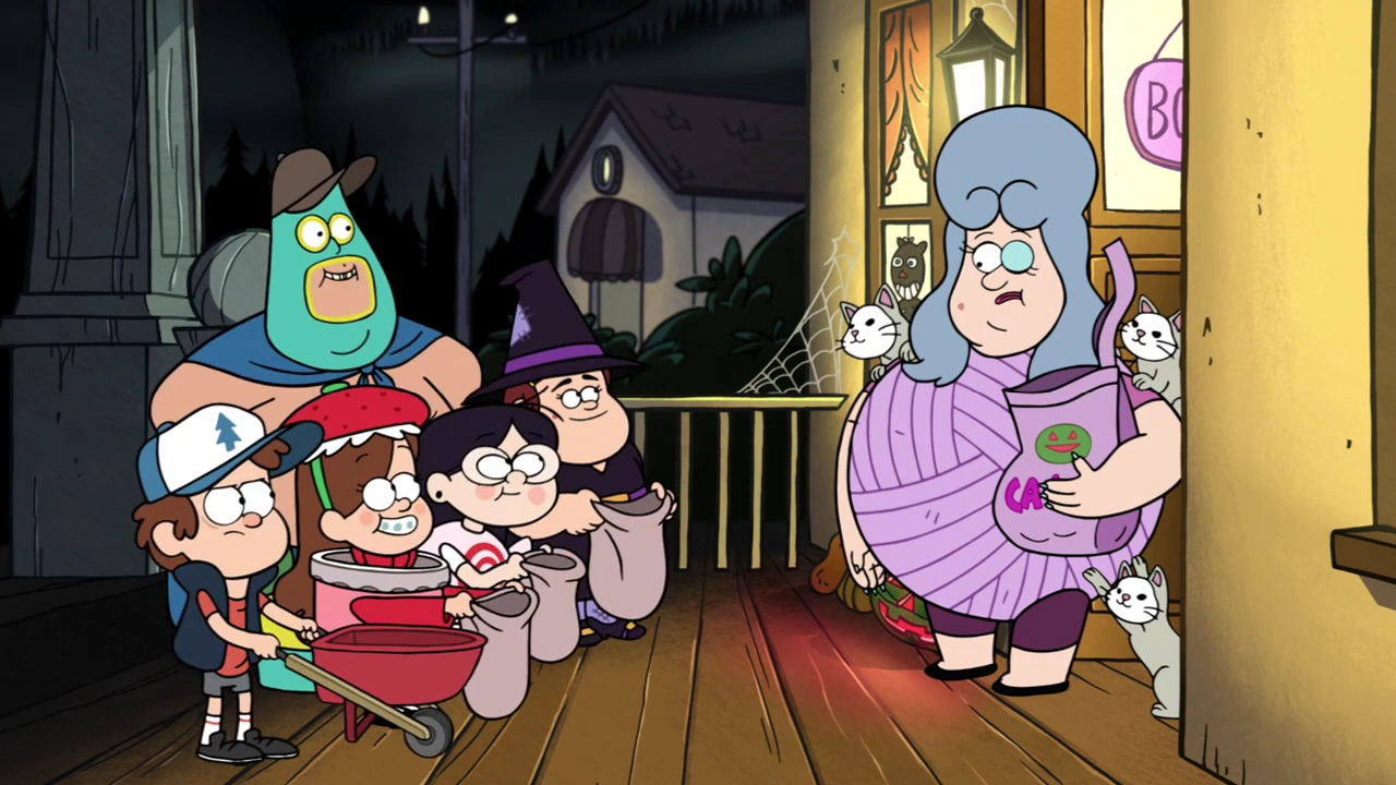 Image S1e12 Mabel, Dipper, Soos, Grenda, and Candy Chiu asking for