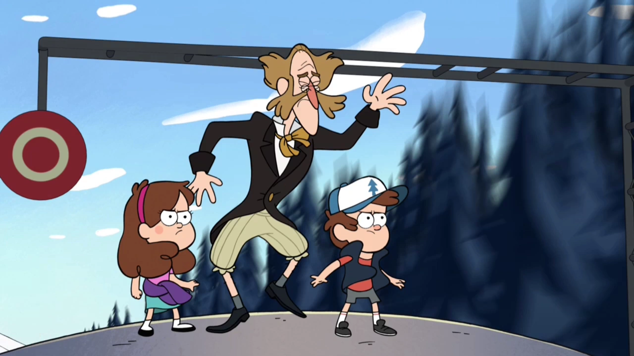 Image S1e8 trembley and twins on train roof.png Gravity Falls Wiki