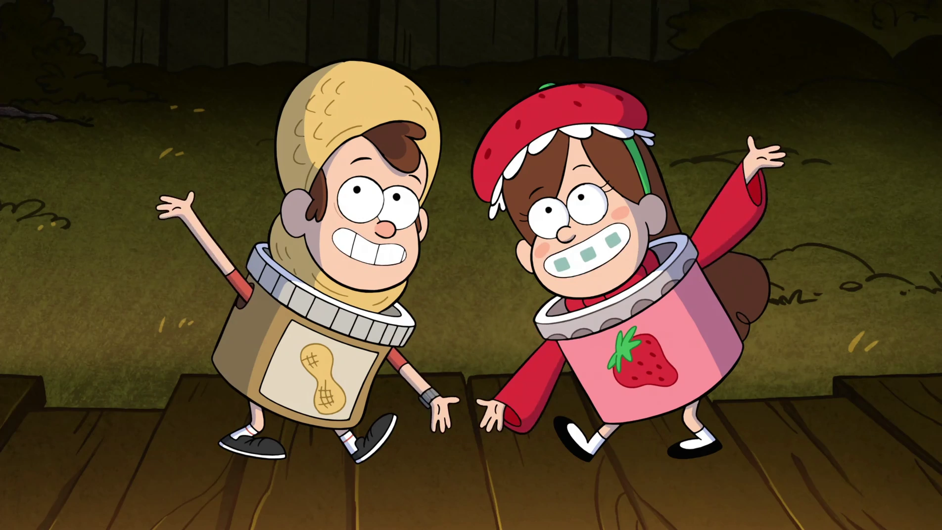 Image S1e12 Dipper in peanut butter costume Mabel in strawberry jam