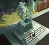 S1e8 Nathaniel Northwest statue with Dipper and Mabel