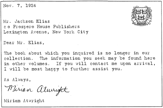 Typewritten letter from miriam atwright