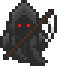 A black hooded figure with red eyes, carrying a scythe.