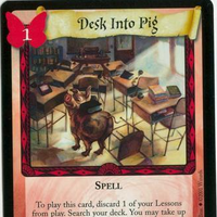 card illustrating and describing the desk into pig transfiguration spell