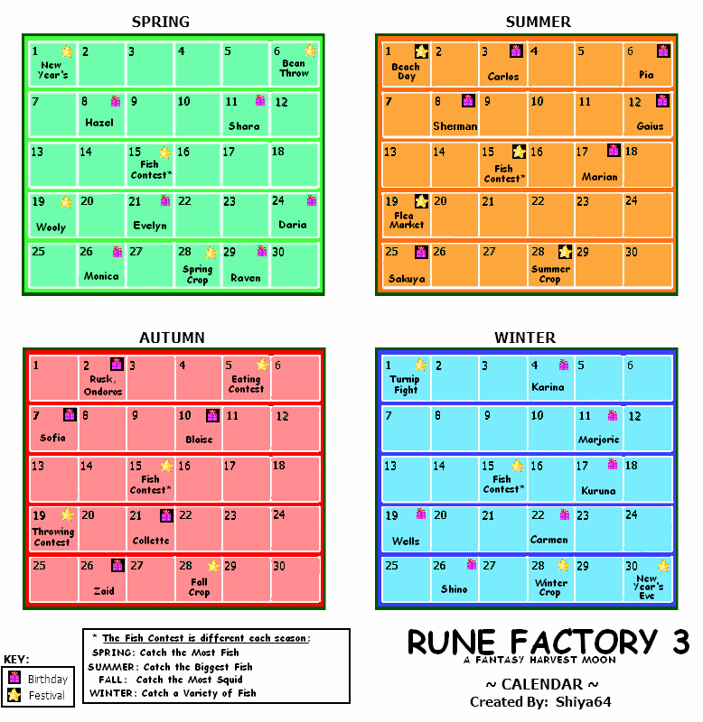 Calendar (RF3) Rune Factory Wiki FANDOM powered by Wikia