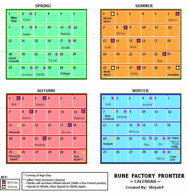 Calendar (RFF) Rune Factory Wiki Fandom