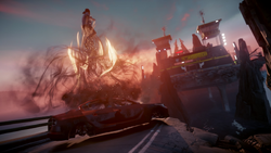 Delsin wykonuje wyskok z samochodu na moście prowadzącym do dzielnicy Lantern (inFamous Second Son)