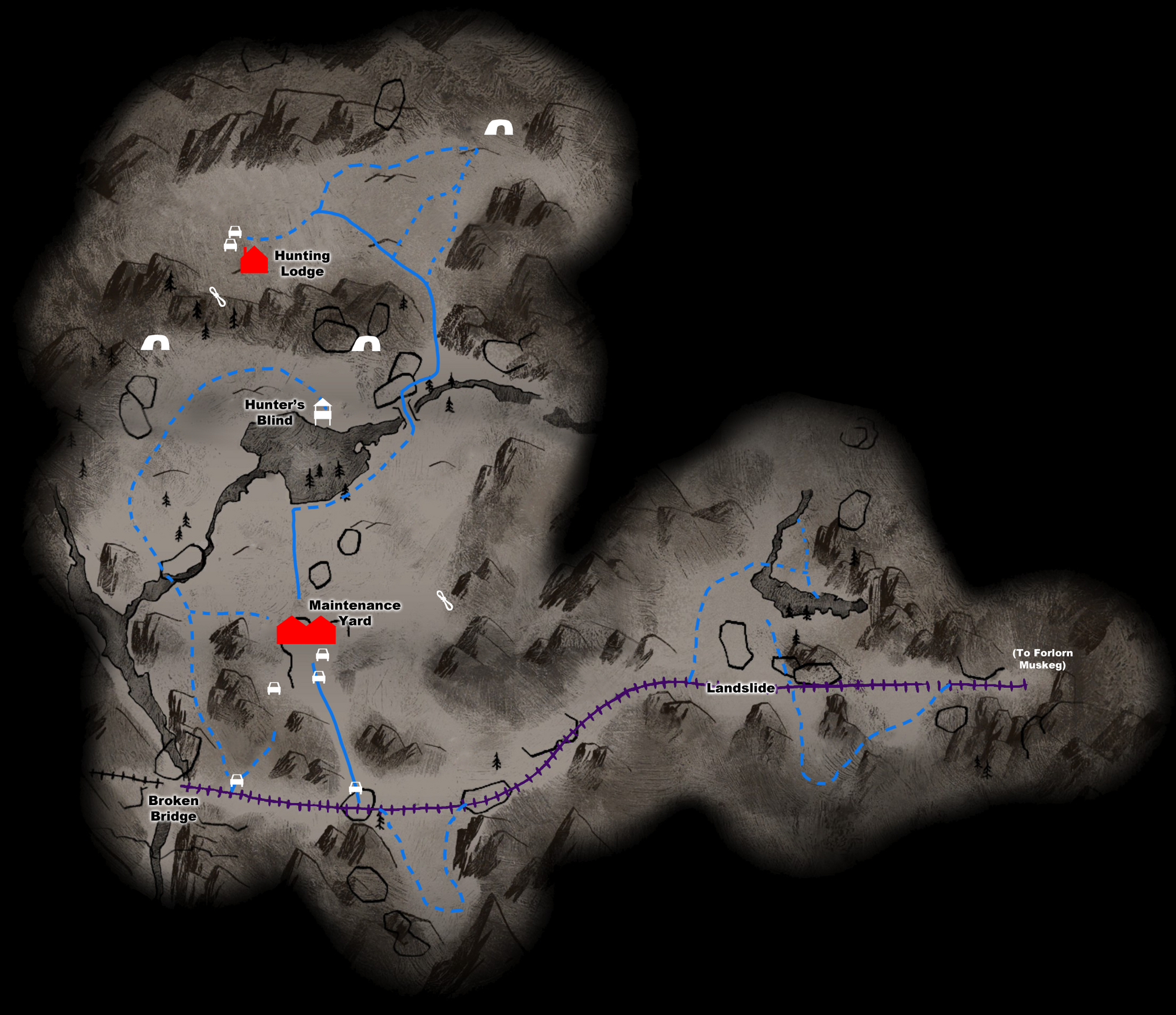Image Broken railroad map with icons.png The Long Dark Wiki