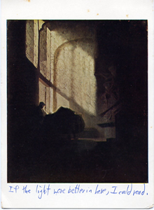 A Man seated reading at a Table in a Lofty Room (1967 postcard)