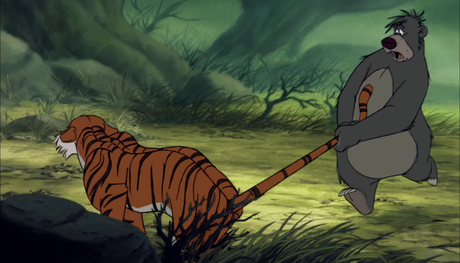 Baloo the Bear is still grabing Shere Khan the tiger s tail