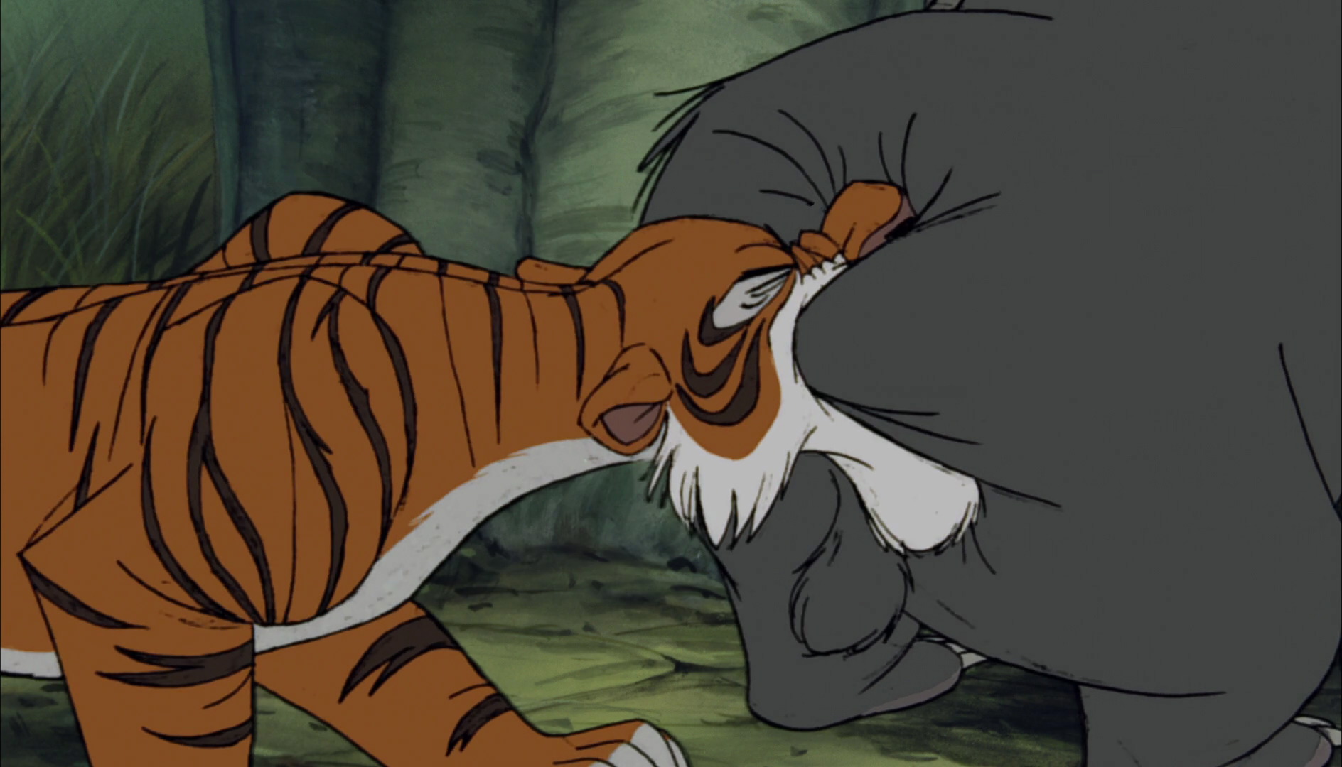 Shere Khan the Tiger has bite Baloo the Bear on the butt
