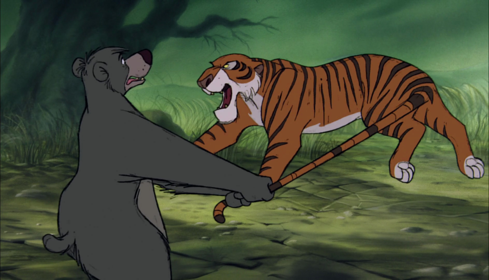 Shere Khan the Tiger is trying to Baloo the Bear to let go of his tail