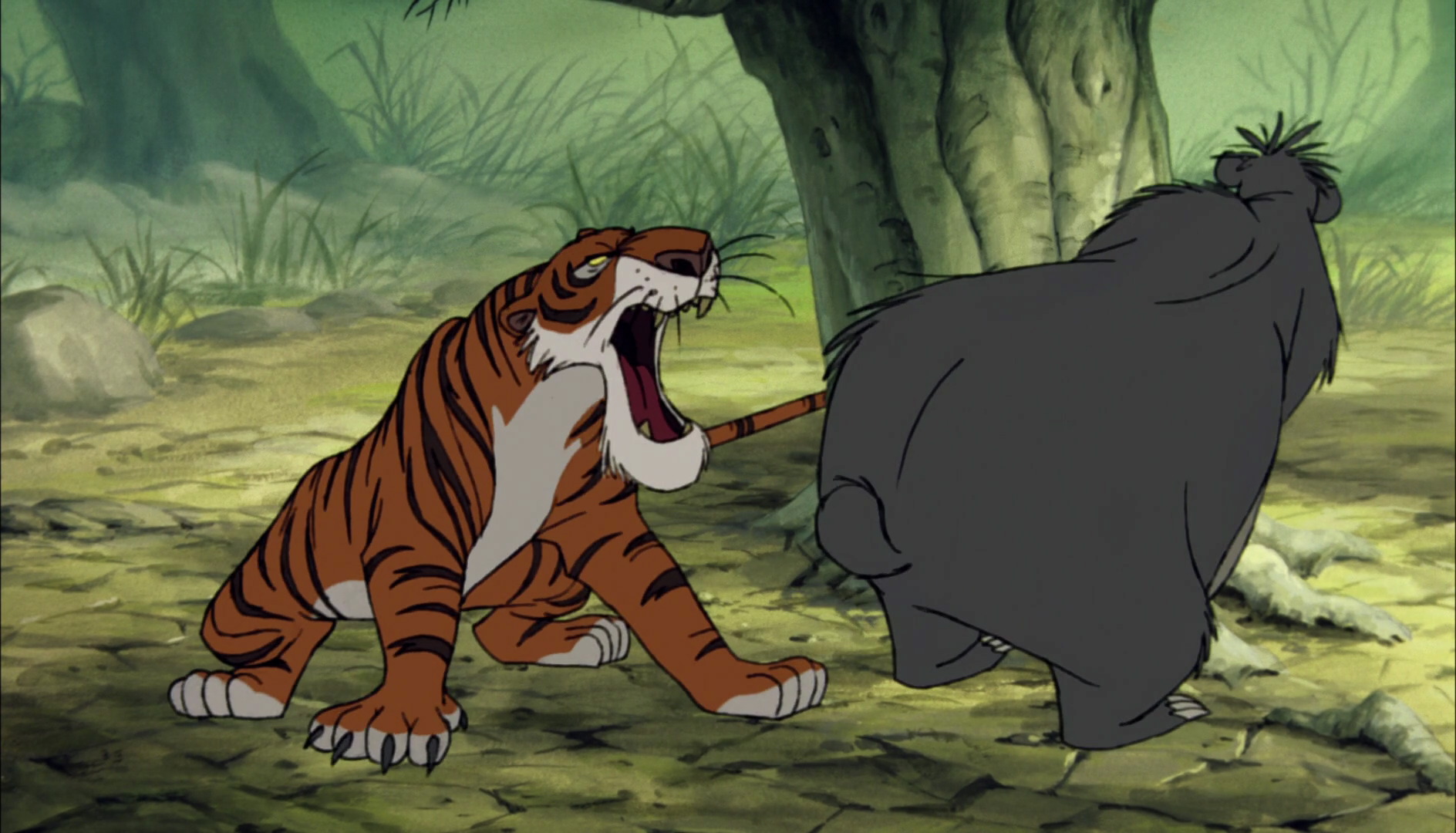 Baloo the Bear doesn t know Shere Khan the tiger is about to bite his butt