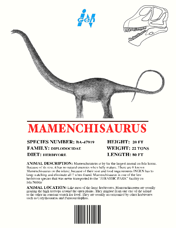 jurassic park ingen dinosaur list