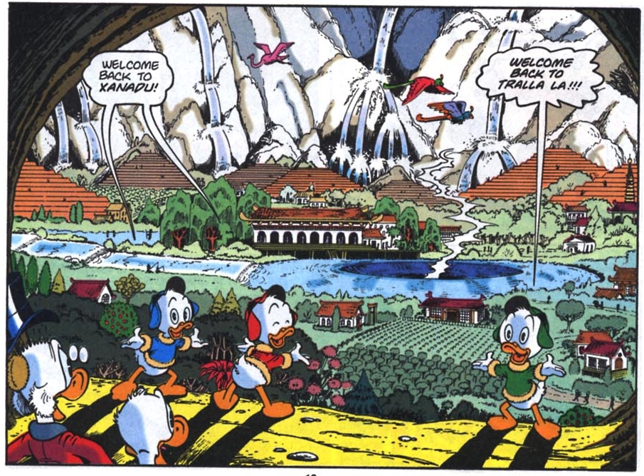 Huey, Dewey, and Louie show Uncle Scrooge and Uncle Donald Xanadu, which is also Tralla-La.
