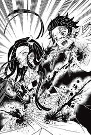 Nezuko protecting Tanjiro from the threads CH38