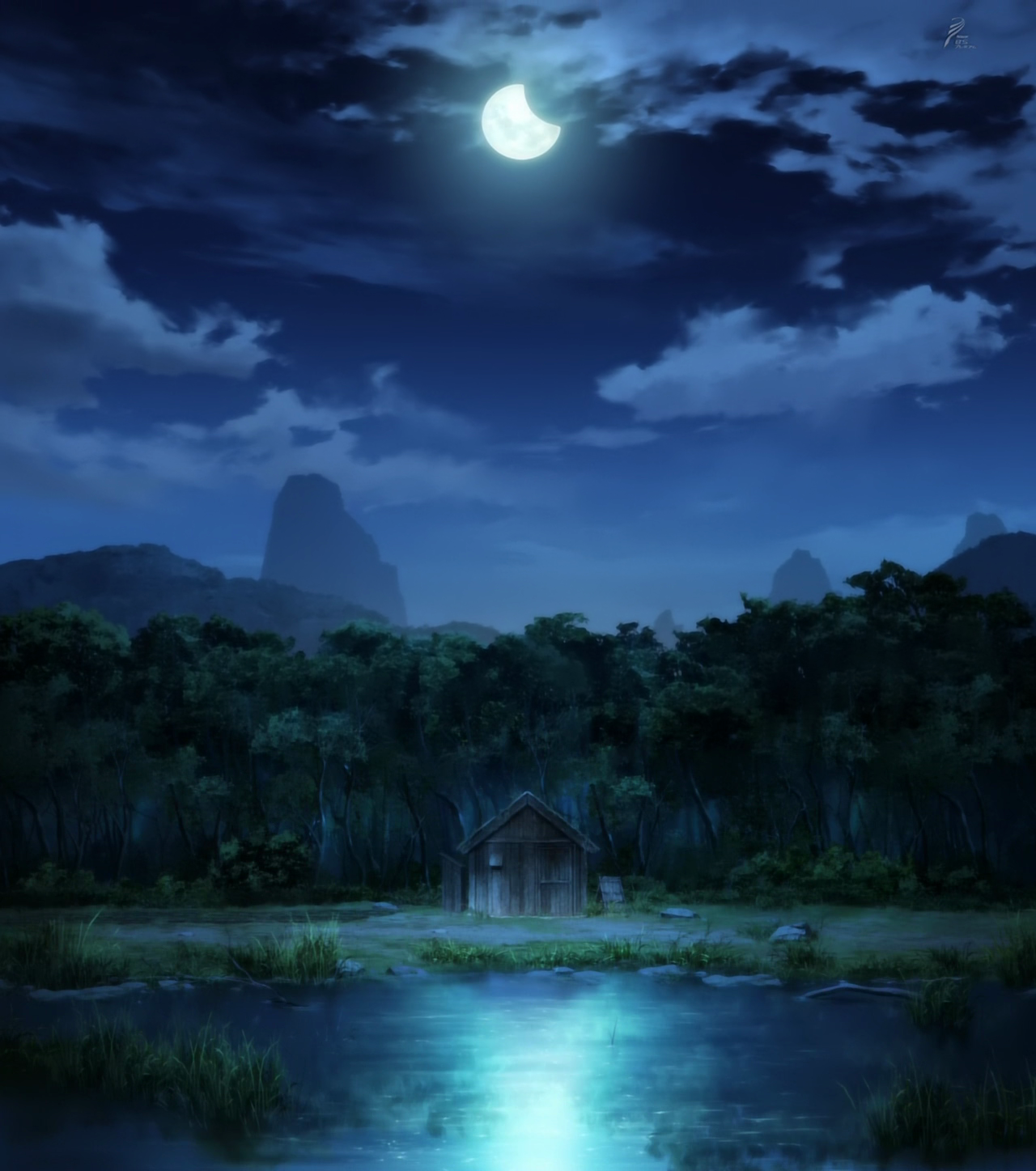 Аниме ночной лес с озером