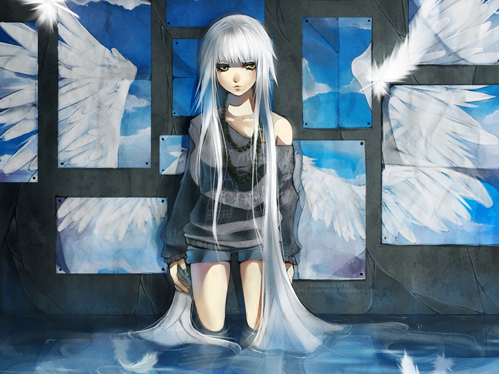 Image White Hair Anime Girl Feathers Green Eyes Girls Hd 199866