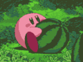 Kirby eats a watermelon