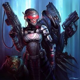 640x640 6810 Bounty Hunters 2d sci fi girl alien woman guns weapons armor picture image digital art