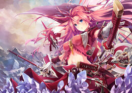 Konachan-com-184946-blue eyes-cape-gloves-jpeg artifacts-katana-long hair-navel-original-red hair-re lucy-spear-sword-weapon