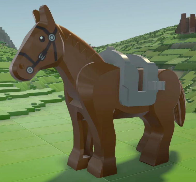 Lego mini figure 1 Brown horse with red bridle painted mane and movable head