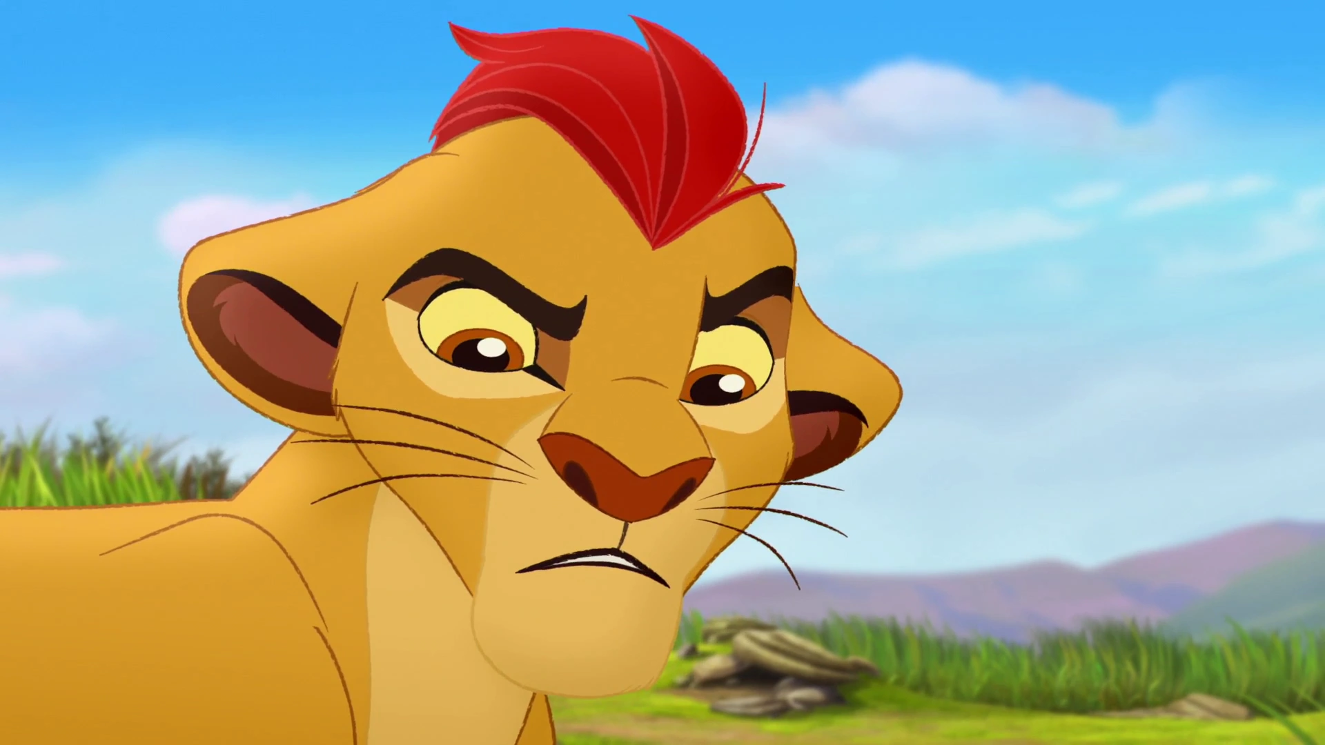 kion and the lion guard are approached by a panicky hare, jerboa