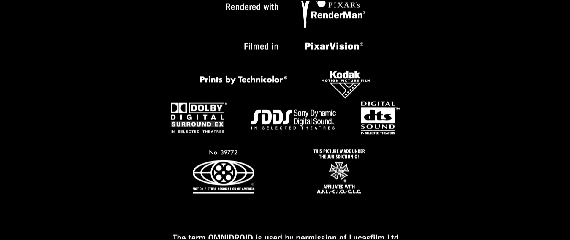 F a l c. Pixar end credits. Sdds Sony Dynamic Digital Sound MPAA. Dolby Digital in selected Theaters logo.